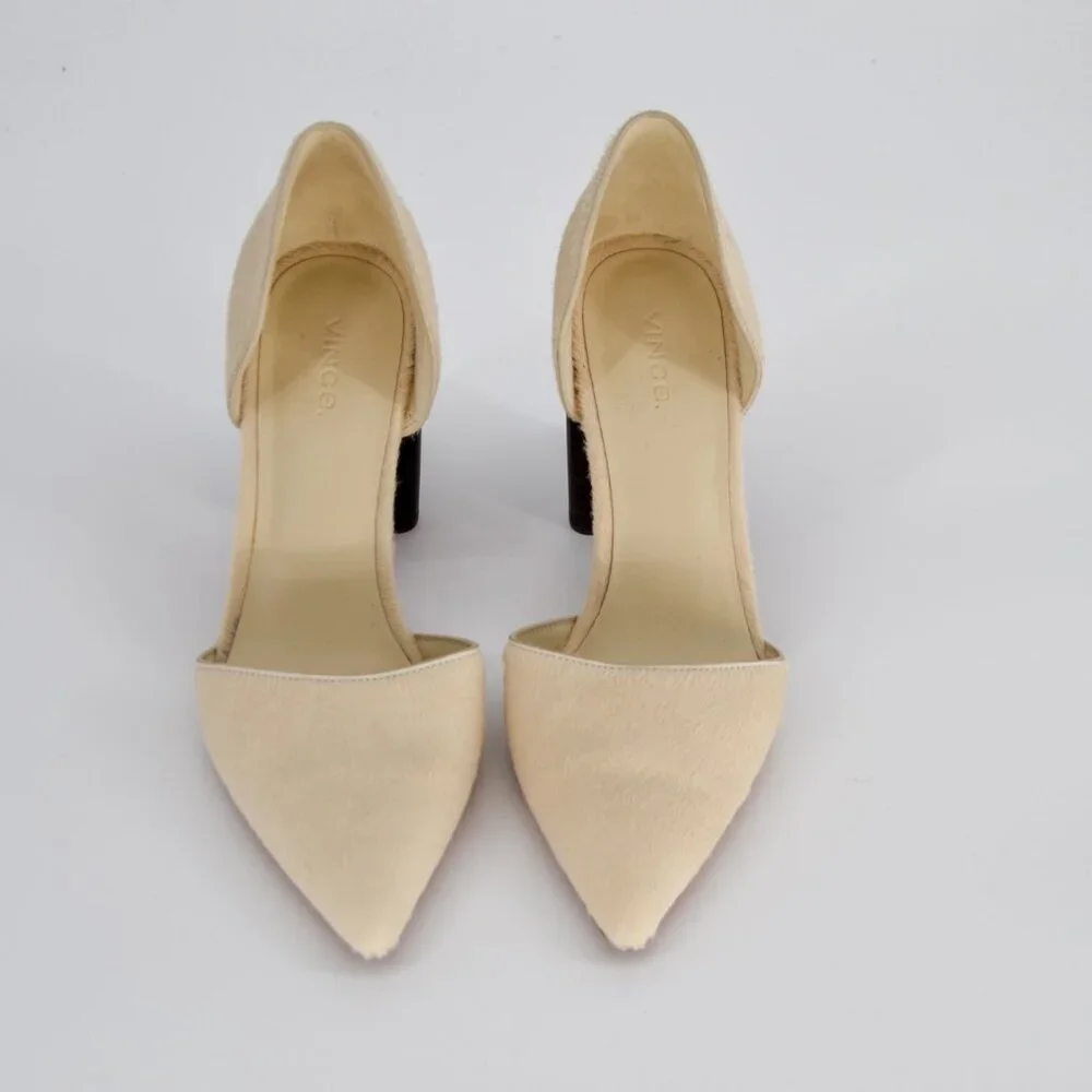 Vince Prim D'Orsay Calf Hair Pointed Toe Pump Cream Stacked Block Heel Size 7 - Picture 3 of 7